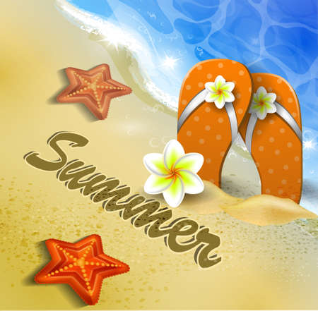 Beautiful beach top view with starfishes and orange flip flops vector illustrationのイラスト素材