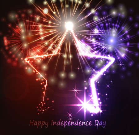 Neon star on the dark background for independence day USA with fireworksのイラスト素材