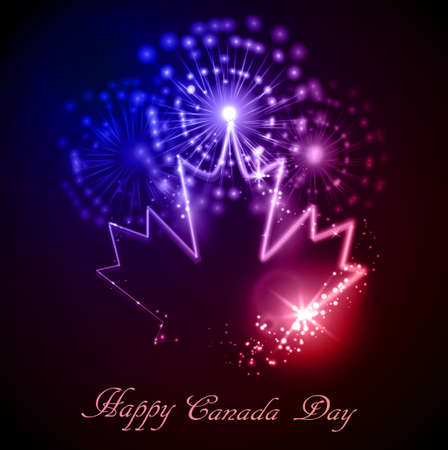 Neon maple leaf on the dark background for canada day with fireworkのイラスト素材