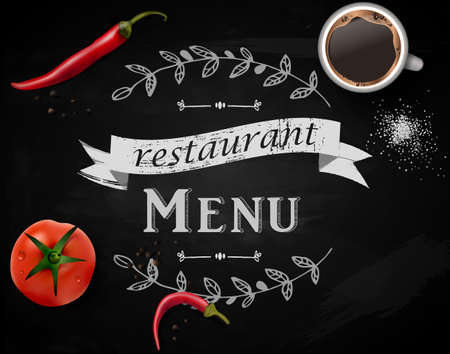 Menu on Chalkboard background with hand drawn ornament for restaurant and objects on it like salt cup of coffee tomato and red pepper