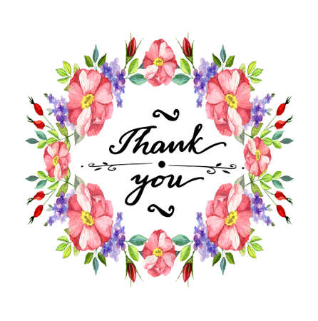 Watercolor flower roses wreath Vector illustration isolated Thank you greeting card with letteringのイラスト素材