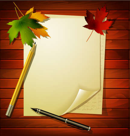 Multiple sheets of white paper pens on top of wood table with maple leavesのイラスト素材