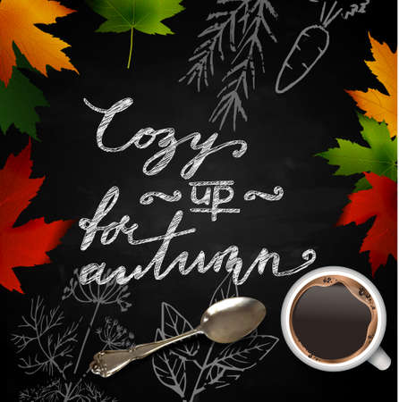 Chalkboard with autumn leaves and cup of coffeeのイラスト素材