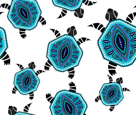 Seamless pattern of blue turtles on white in aboriginal styleのイラスト素材