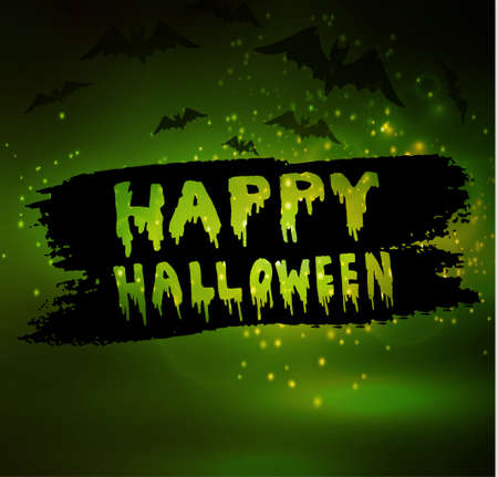 Happy Halloween Calligraphy. Halloween banner. Halloween lettering on a green abstract background with bats and starsのイラスト素材