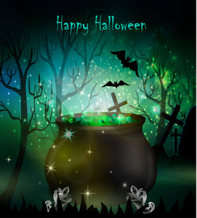 Halloween witches cauldron with green potion and spiders on dark background, illustration.のイラスト素材
