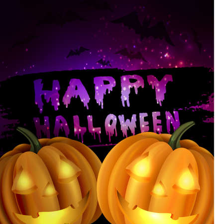 Happy Halloween Calligraphy. Halloween banner. Halloween lettering on a green abstract background with bats two pumpkins with light inside and starsのイラスト素材