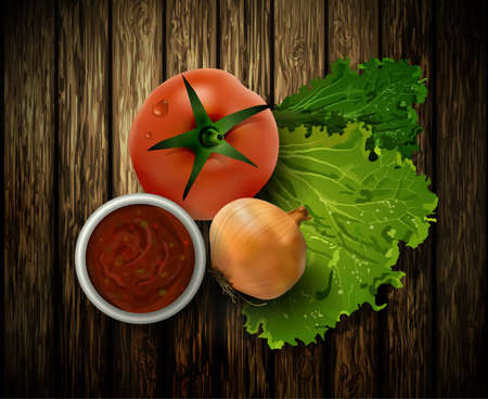 Vector illustration of fresh green salad tomato and onion on the wooden backgroundのイラスト素材