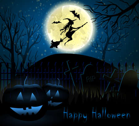 Halloween spooky background with moon fence witch bats and two pumpkins. Vector.のイラスト素材