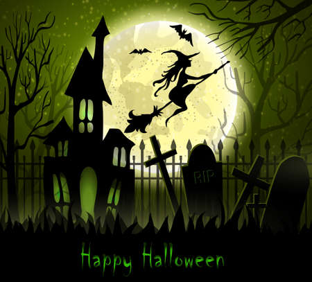Graveyard cemetery tomb in forest with moon and haunted house , Halloween background, vector illustrationのイラスト素材