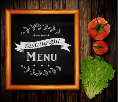 Menu on Chalkboard background with hand drawn ornament for restaurant in wooden frame on wooden background with two tomatos and lettuce leafeのイラスト素材