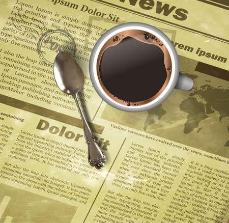 Cup of coffee teaspoon on old newspaper backgroundのイラスト素材