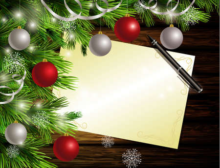 Christmas New Year designdark rustic wooden background with christmas tree and silver and red balls and wish list and penのイラスト素材