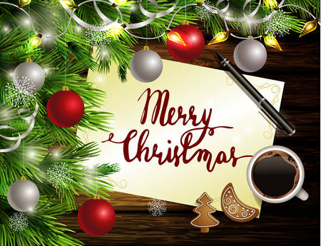 Christmas New Year design dark rustic wooden background with christmas tree and silver and red balls and handwritten words coffee cookies and penのイラスト素材