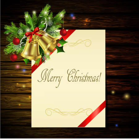 Christmas background with paper ribbon gold bells and lights on a dark rustic wood wall and decorationsのイラスト素材