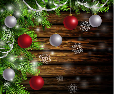 Christmas New Year design dark rusticwooden background with christmas tree and silver and red ballsのイラスト素材