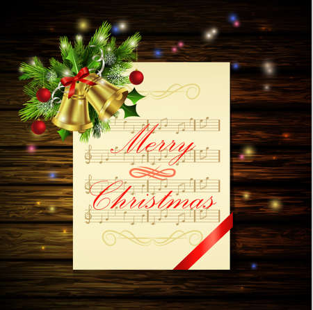 Christmas background with paper ribbon gold bells and lights on a dark wood wall and decorationsのイラスト素材