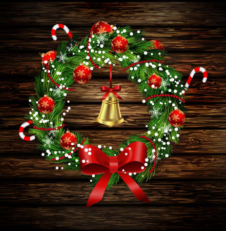White card with Christmas wreath bell and bow isolated on wooden backgroundのイラスト素材