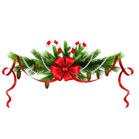 Christmas decoration with evergreen treess and with candy canes and bow isolatedのイラスト素材