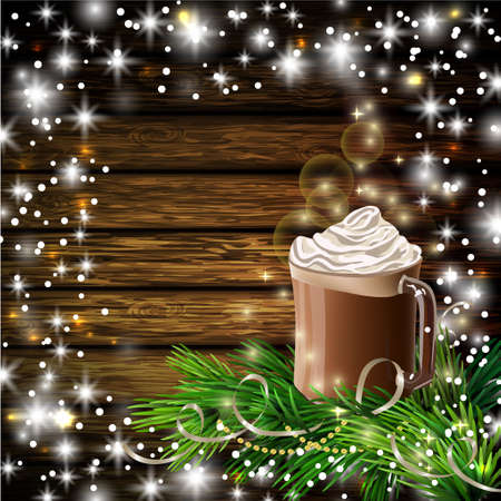 Christmas New Year design dark wooden background with hot chocolate and christmas tree in snow frameのイラスト素材