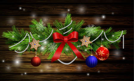 Christmas decoration with evergreen trees with balls gingerbread on wooden backgroundのイラスト素材