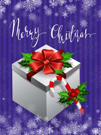 Gift box with bow Christmas Card with holly leaves and candy cane and handwritten Merry Christmas on blue with snowflakesのイラスト素材