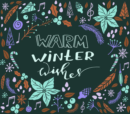 Christmas card with fir tree, poinsettia, cones, berries, notes cone christmas tree and handwritten Warm winter wishesのイラスト素材