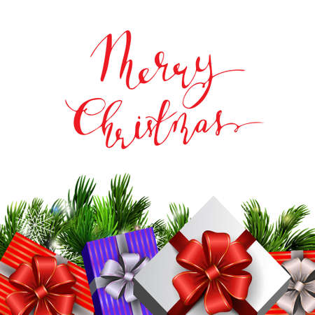 Holiday Christmas background with gift boxes and christmas tree brunches isolated on white background and handwritten Merry Christmas . Vector.のイラスト素材