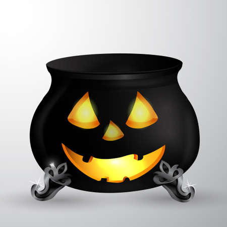 Cartoon Halloween witchs cauldron with Jack O Lantern eyes mouth and nouse isolated on white could be used for Halloween designのイラスト素材