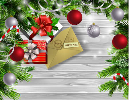 Christmas New Year design light wooden background with christmas tree and silver and red balls and letter for santa candy canes with gift boxesのイラスト素材