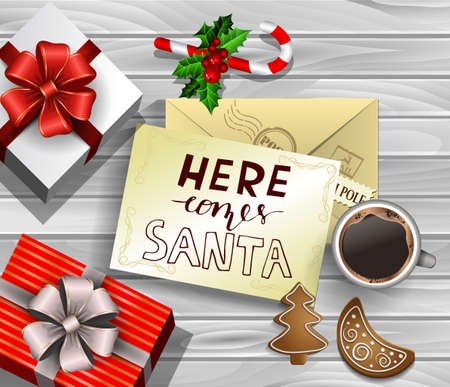 Christmas New Year design wooden background with christmas decorations candy canes with gift boxes and envelope handwritten Here comes Santa cup of coffee and gingerbread cookies. in redのイラスト素材