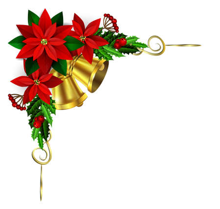 Christmas corner decoration with evergreen treess golden swirls and poinsettia with two golden bells isolatedのイラスト素材