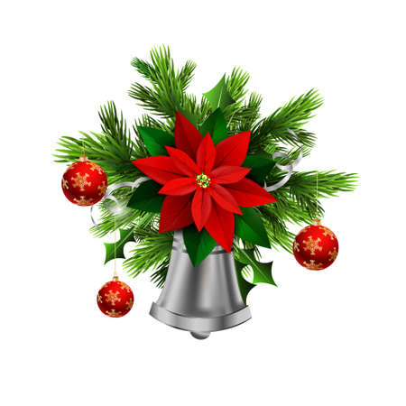 Christmas decoration with evergreen trees and silver bell with poinsettiaのイラスト素材