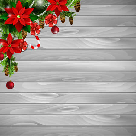 Christmas corner decoration with evergreen treess gift boxes and poinsettia with two cendy canes on wooden backgroundのイラスト素材