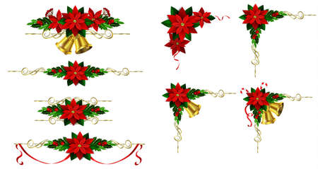 Christmas decoration set with evergreen treess holly and poinsettia isolatedのイラスト素材