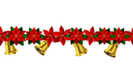 Seamless border Bright Fun Christmas Winter Holidays Patterns with poinsettia and green holly and berries and golden bellsのイラスト素材