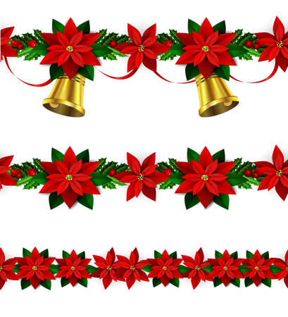 Set of n Seamless borders Bright Fun Christmas Winter Holidays Patterns with poinsettia and green holly and berries and golden bellsのイラスト素材