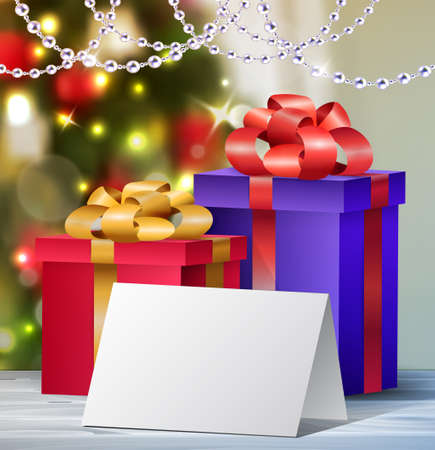 Christmas Greeting Card mock up and two gift boxes with bows Vector for your design ideas on blured Christmas tree backgroundのイラスト素材