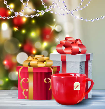 Background with Christmas red mug with gifts on blur Christmas tree background greeting card Vectorのイラスト素材