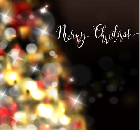 Christmas tree light background. Vector on dark with handwritten Merry Christmasのイラスト素材