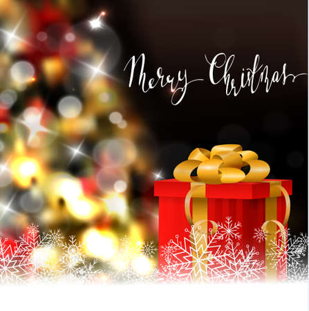 Christmas tree light background. Vector on dark with handwritten Merry Christmas and gift boxのイラスト素材