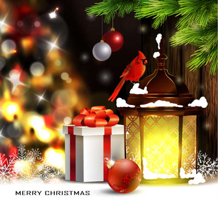 Christmas tree light background. Vector on dark with snow and standing street light and red bird cardinal and giftのイラスト素材
