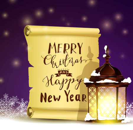 Old Scroll paper on winter background with street light.Vector could be used for your oun writing or wishes for holidays with handwritten lettersのイラスト素材