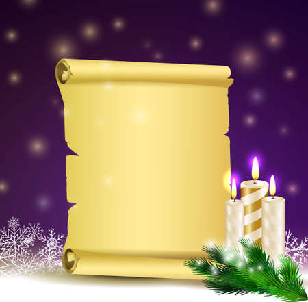Old Scroll paper on winter background with street branch Christmas tree and candles.Vector could be used for your oun writing or wishes for holidaysのイラスト素材