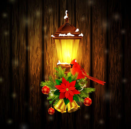 Christmas decoration with street light and evergreen trees and golden bells with red bow and Cardinal bird on wooden backgroundのイラスト素材