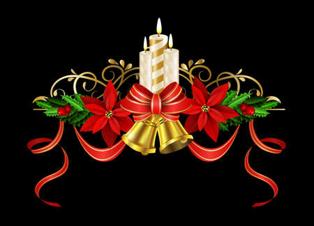 Christmas decoration with evergreen treess holly and poinsettia isolated on black with swirls candles bellsのイラスト素材