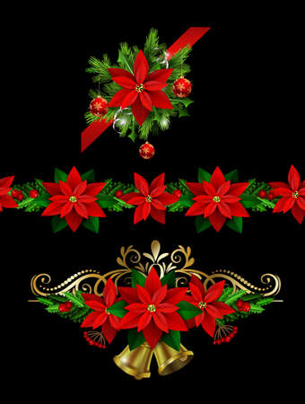 Christmas set of decorations with evergreen treess holly and poinsettia and ribbon isolated matching seamless borderのイラスト素材
