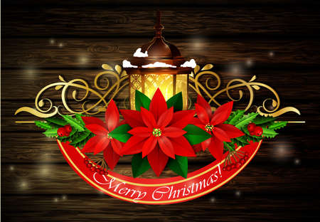 Christmas decoration with evergreen treess holly and poinsettia isolated on black with swirls street light on wooden backgroundのイラスト素材
