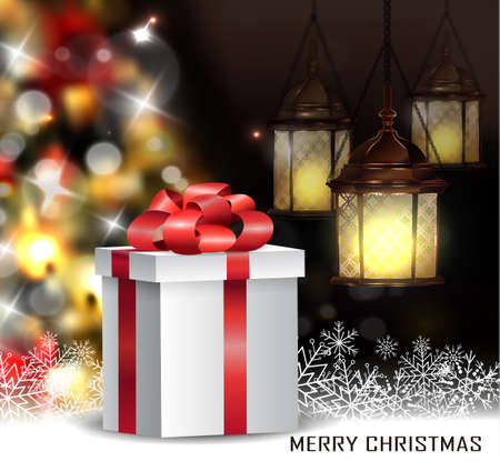 Christmas tree light background. Vector on dark with snow and hanging tree street lights and gift box with bowのイラスト素材