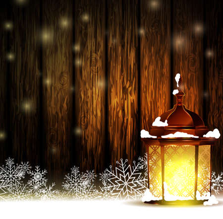 Vintage Christmas wood background with snow and snowflackes standing street lightのイラスト素材